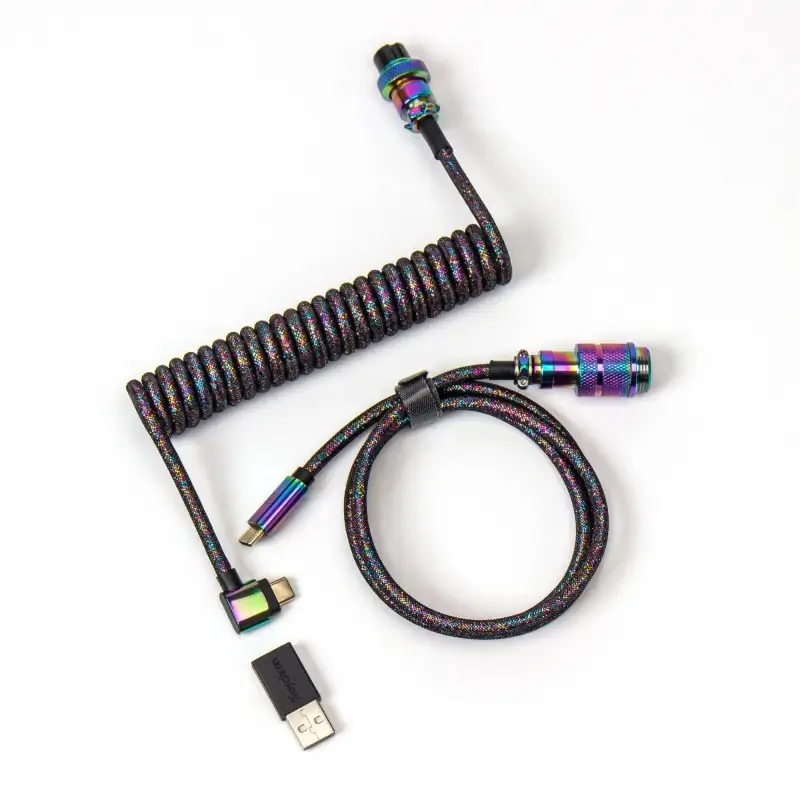 Keychron Premium Coiled Aviator Angled Cable - Rainbow Plated Black