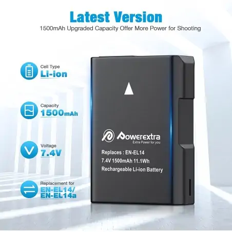 Powerextra NKENEL14 Replacement Battery For Nikon ENEL14 1500mAh Liion