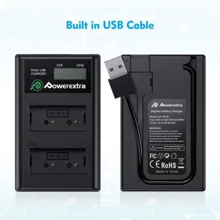 Powerextra DSW126 Dual Battery Charger with USB ACDC Power Adapter and LCD Display for Fujifilm NPW126 Battery 