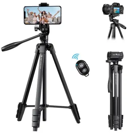 KampF Concept B174A1 Aluminum Travel Tripod with Phone Clamp amp Bluetooth Shutter Remote Control for Mobile Phones KF09125