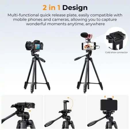 KampF Concept B174A1 Aluminum Travel Tripod with Phone Clamp amp Bluetooth Shutter Remote Control for Mobile Phones KF09125