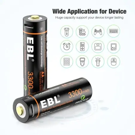 EBL TB1443 AA Liion Επαναφορτιζόμενες Μπαταρίες 3300mWh 2200mAh 15V με θύρα Micro USB και καλώδια φόρτισης 4τμχ