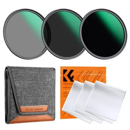 KampF Concept 62mm NanoD ND8ND64ND1000 Lens Filter Kit with 3 Cleaning Cloths and Filter Pouch SKU2045V1